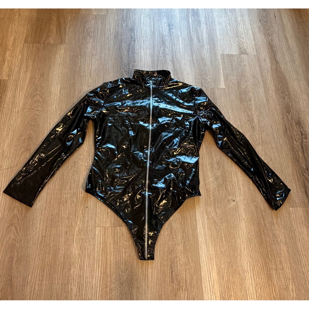 Black Faux Leather Patent Bodysuit Long Sleeve Zip Mock Neck 4XL  Runs Small
